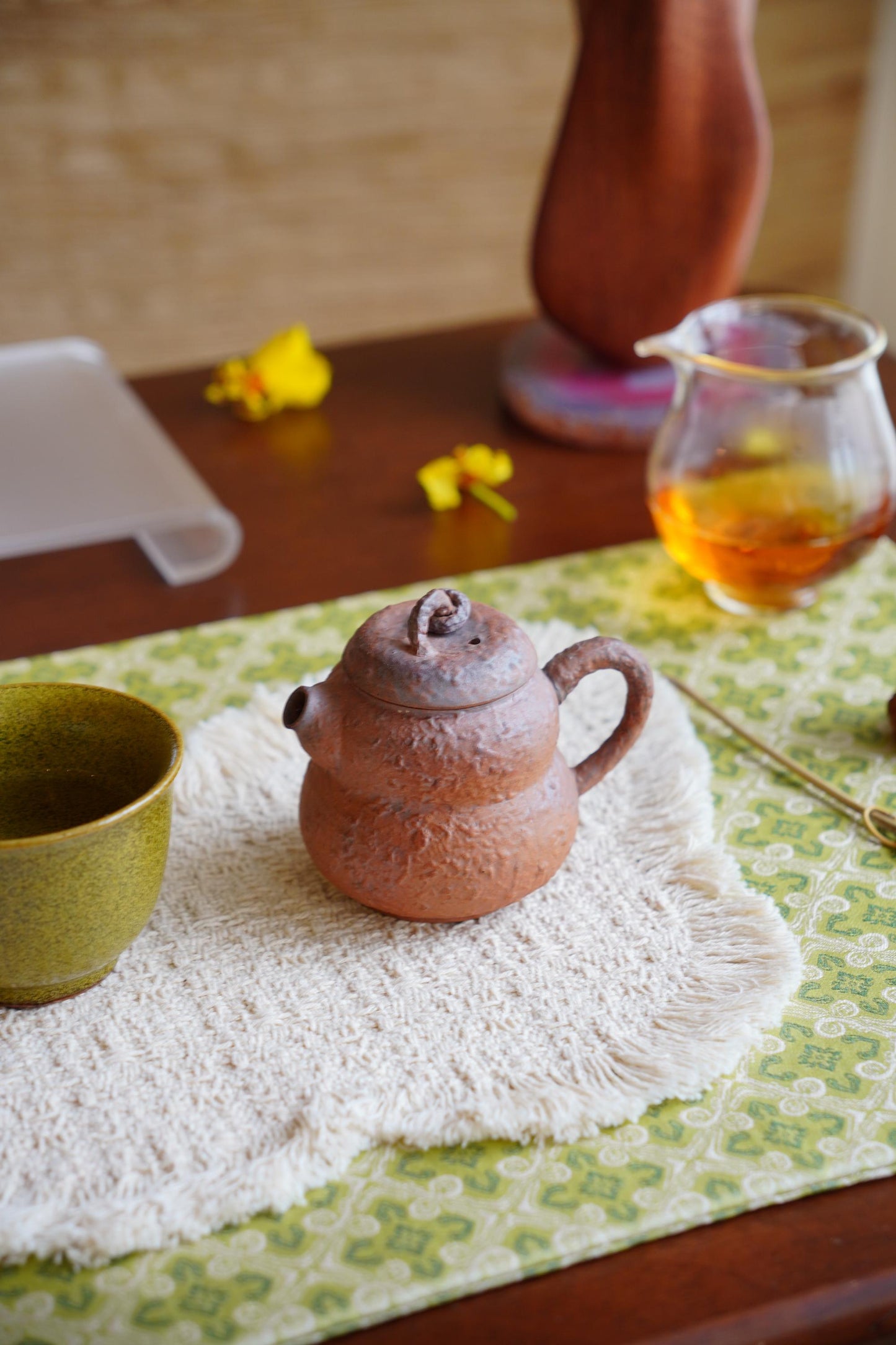 Handmade Chabu Tea Mat Set – Minimalist Duo for Daily Tea Ritual · ~ Spring Green Diamond · Soft Natural Table Decor · Gift for Slow Living