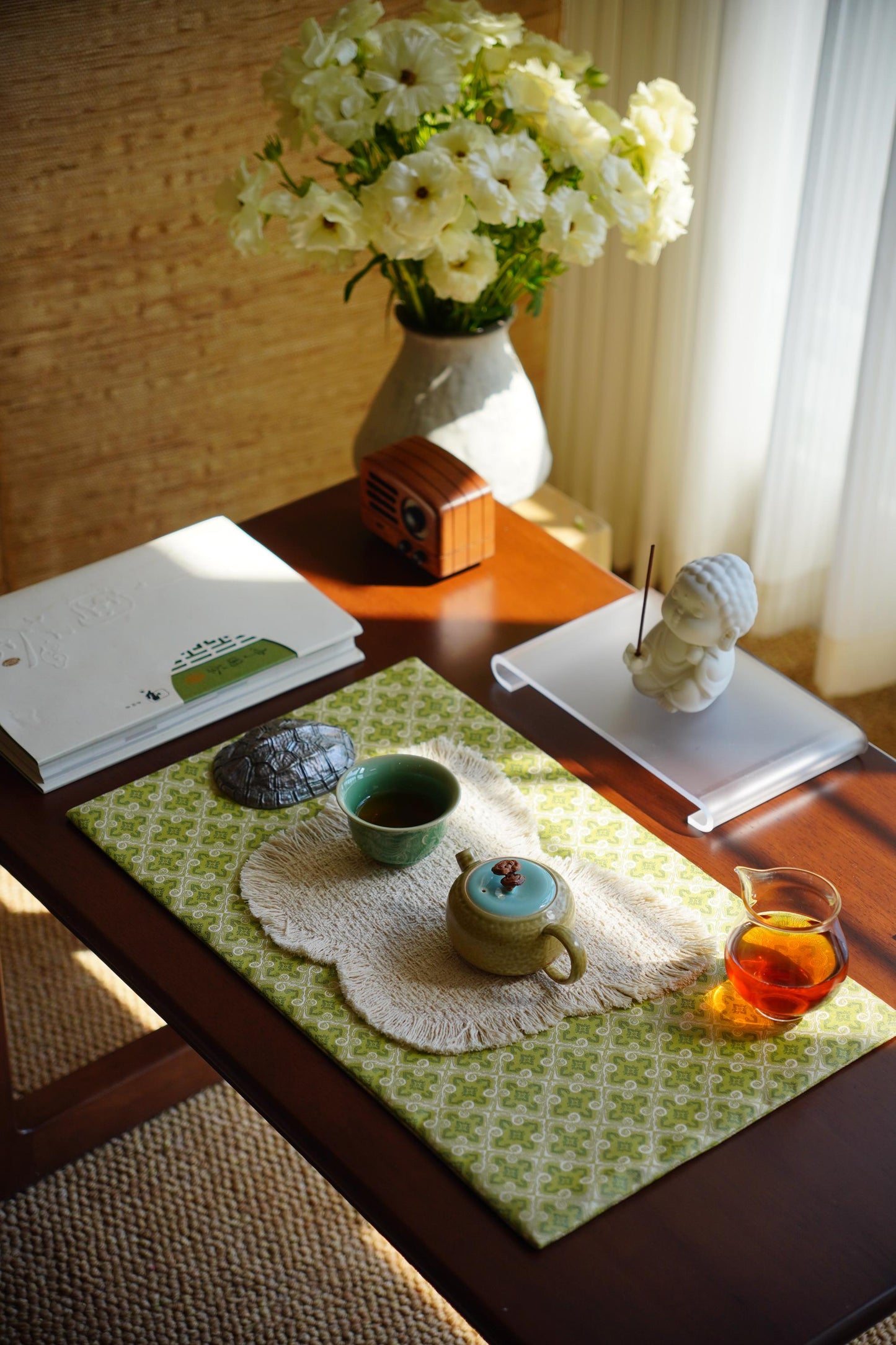 Handmade Chabu Tea Mat Set – Minimalist Duo for Daily Tea Ritual · ~ Spring Green Diamond · Soft Natural Table Decor · Gift for Slow Living
