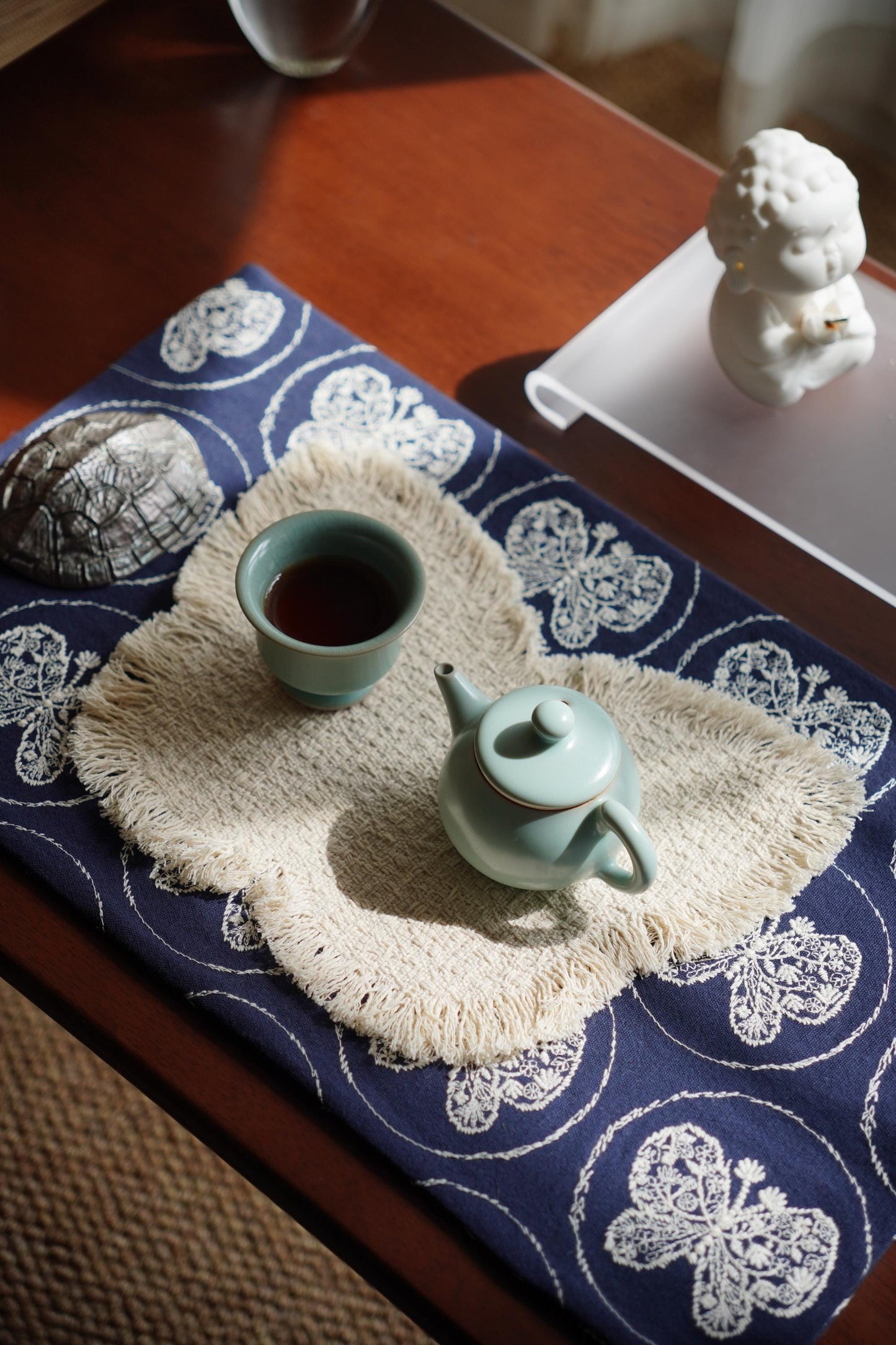 Handmade Chabu Tea Mat Set – Serene Duo for Evening Tea Ritual · ~ Indigo Butterfly · Layered Calm Decor · Gift for Mindful Moments