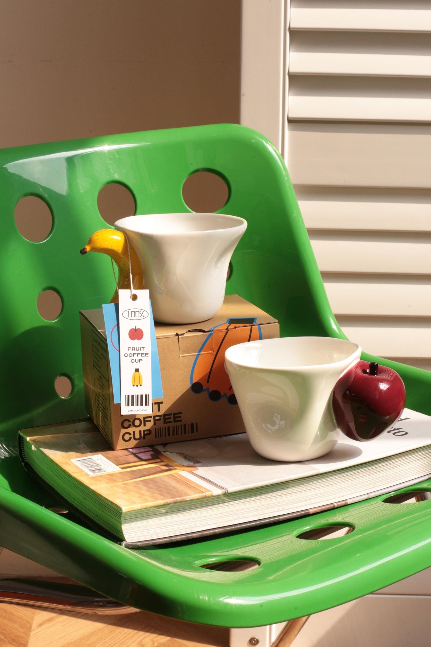 Funny ceramic fruit mug set with apple and banana handles, unique gift for friend