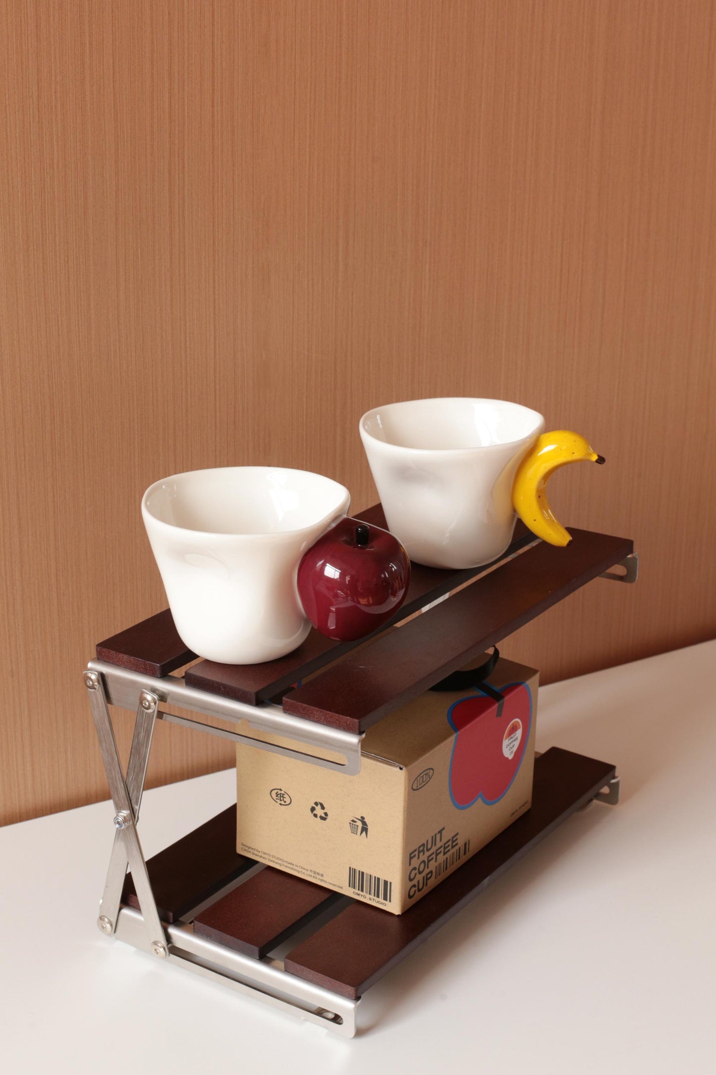 Funny ceramic fruit mug set with apple and banana handles, unique gift for friend