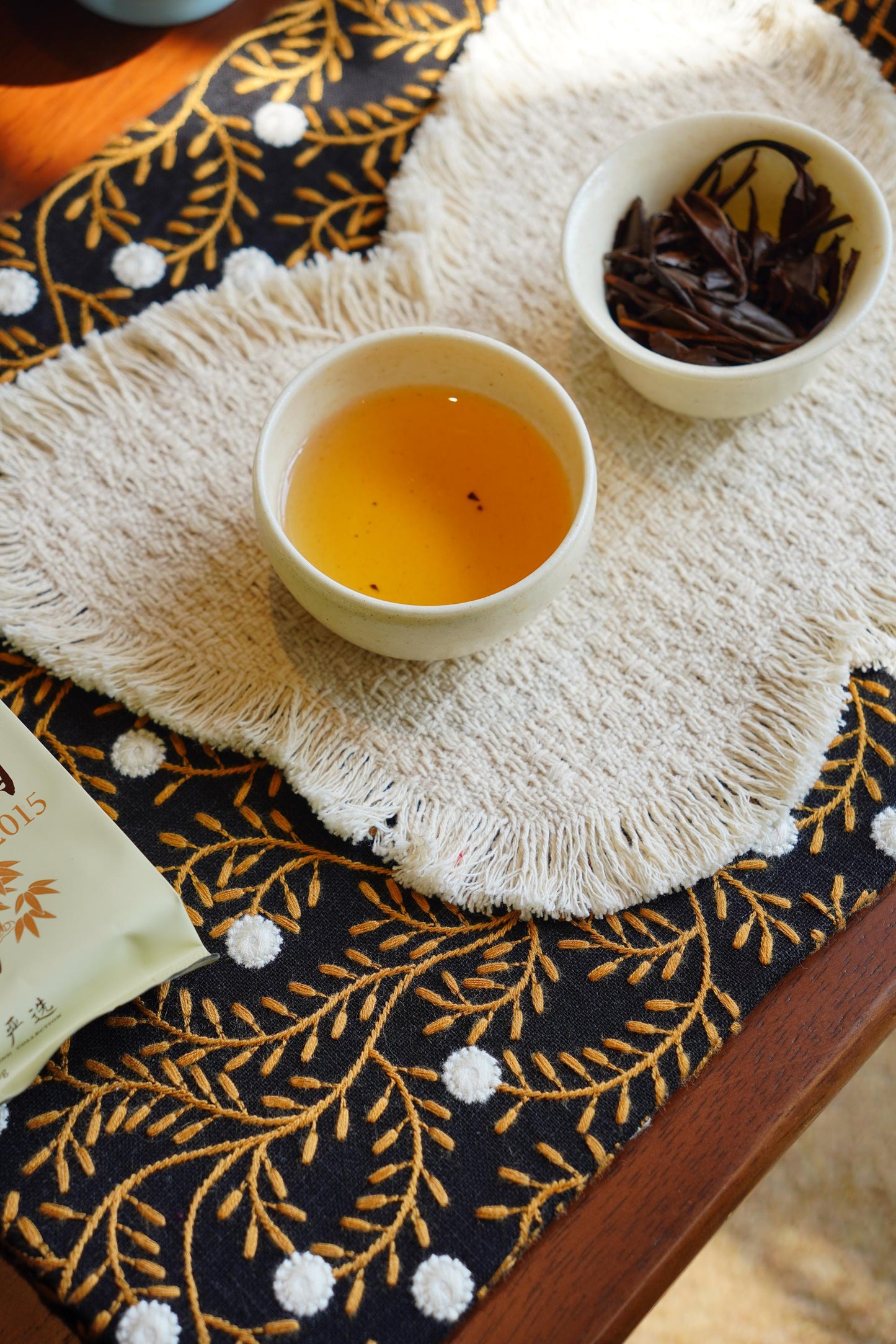 Handmade Chabu Tea Mat Set – Zen Duo for Gongfu Tea Ceremony · ~ Black Botanical · Wabi-Sabi Layered Decor · Gift for Tea Lovers