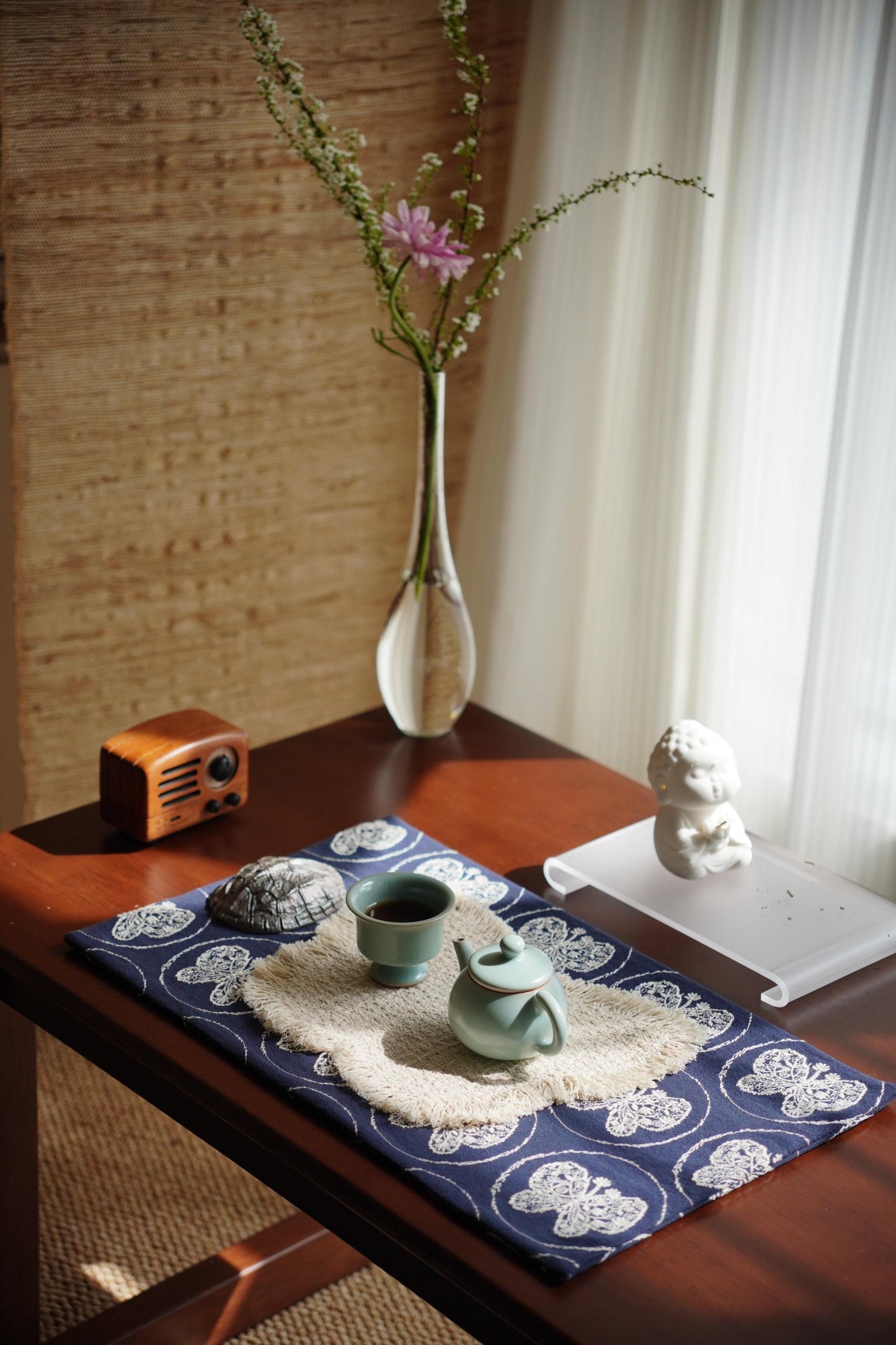 Handmade Chabu Tea Mat Set – Serene Duo for Evening Tea Ritual · ~ Indigo Butterfly · Layered Calm Decor · Gift for Mindful Moments