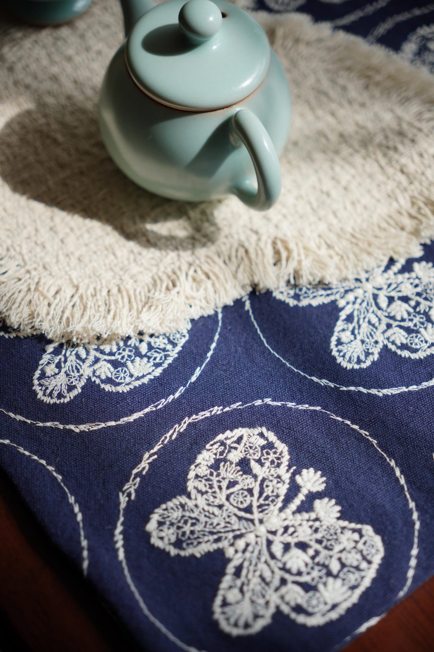 Handmade Chabu Tea Mat Set – Serene Duo for Evening Tea Ritual · ~ Indigo Butterfly · Layered Calm Decor · Gift for Mindful Moments