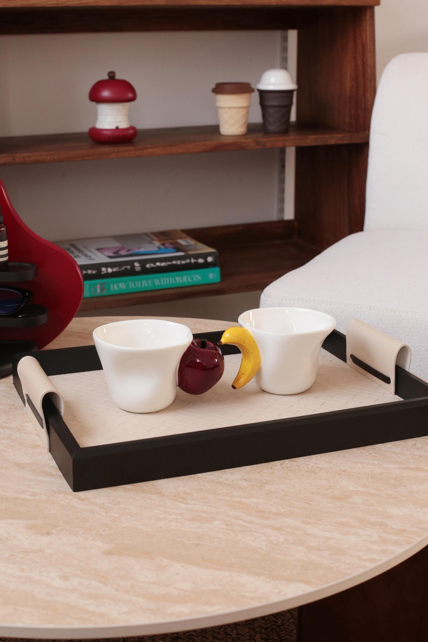 Funny ceramic fruit mug set with apple and banana handles, unique gift for friend