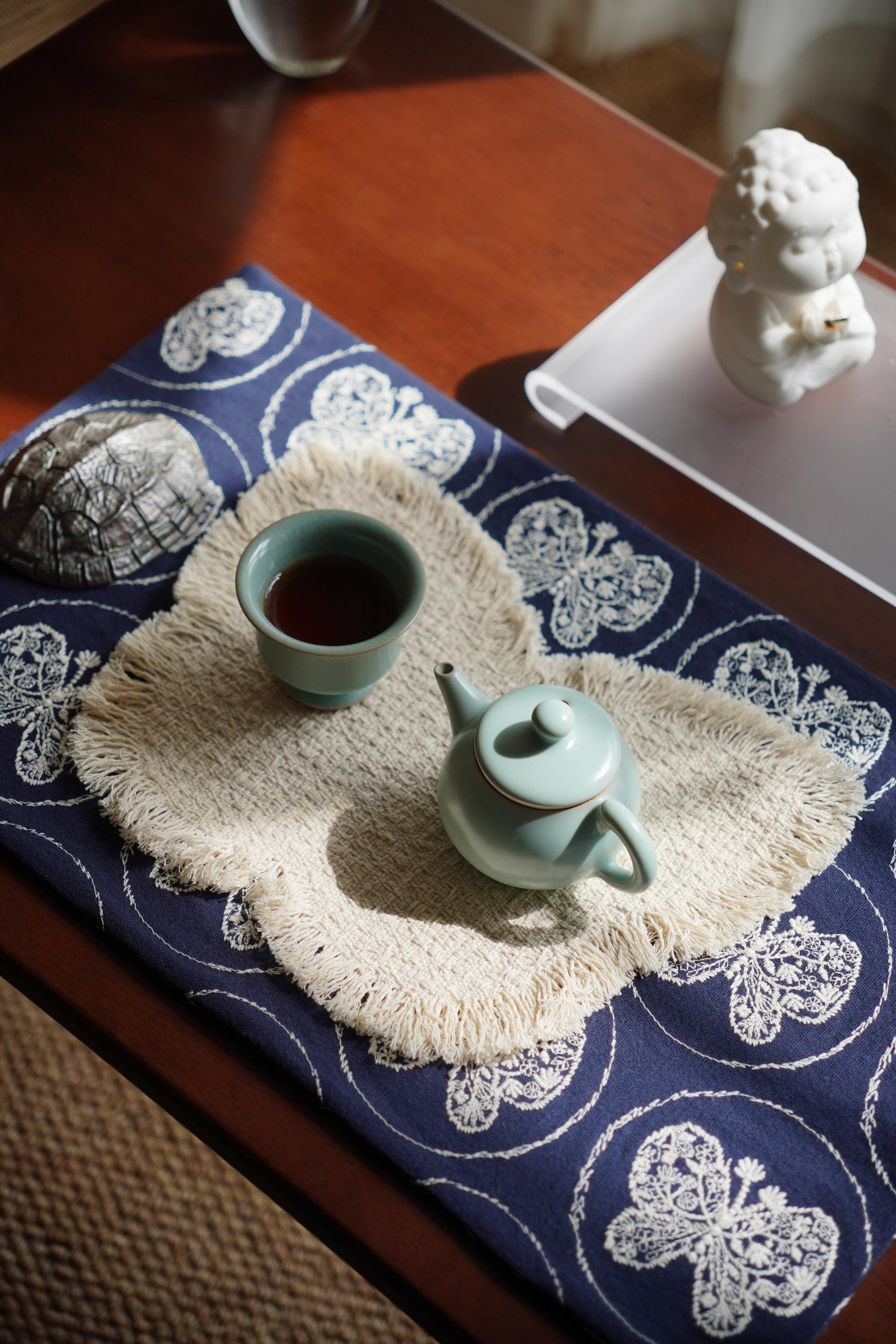 Handmade Chabu Tea Mat Set – Serene Duo for Evening Tea Ritual · ~ Indigo Butterfly · Layered Calm Decor · Gift for Mindful Moments