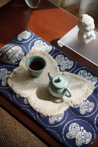 Handmade Chabu Tea Mat Set – Serene Duo for Evening Tea Ritual · ~ Indigo Butterfly · Layered Calm Decor · Gift for Mindful Moments