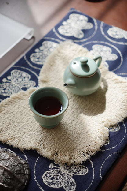 Handmade Chabu Tea Mat Set – Serene Duo for Evening Tea Ritual · ~ Indigo Butterfly · Layered Calm Decor · Gift for Mindful Moments