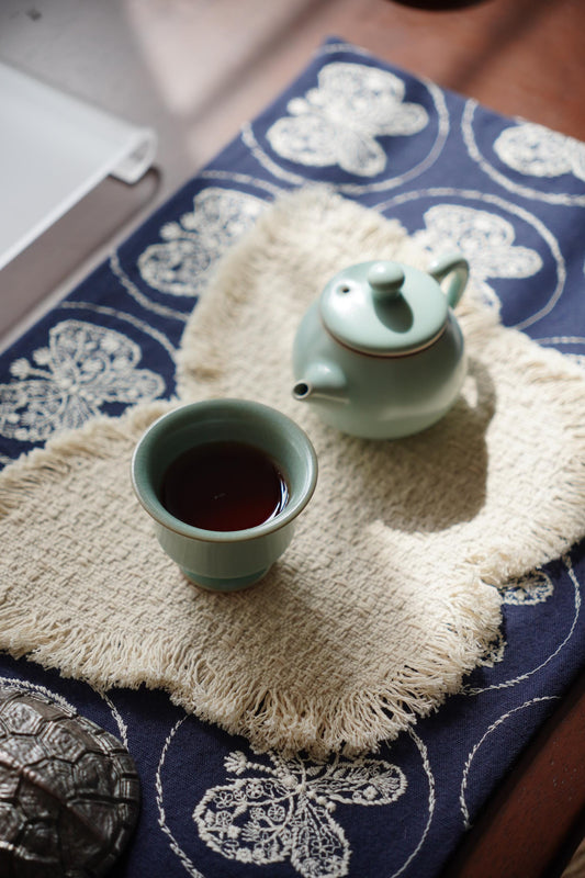 Handmade Chabu Tea Mat Set – Serene Duo for Evening Tea Ritual · ~ Indigo Butterfly · Layered Calm Decor · Gift for Mindful Moments