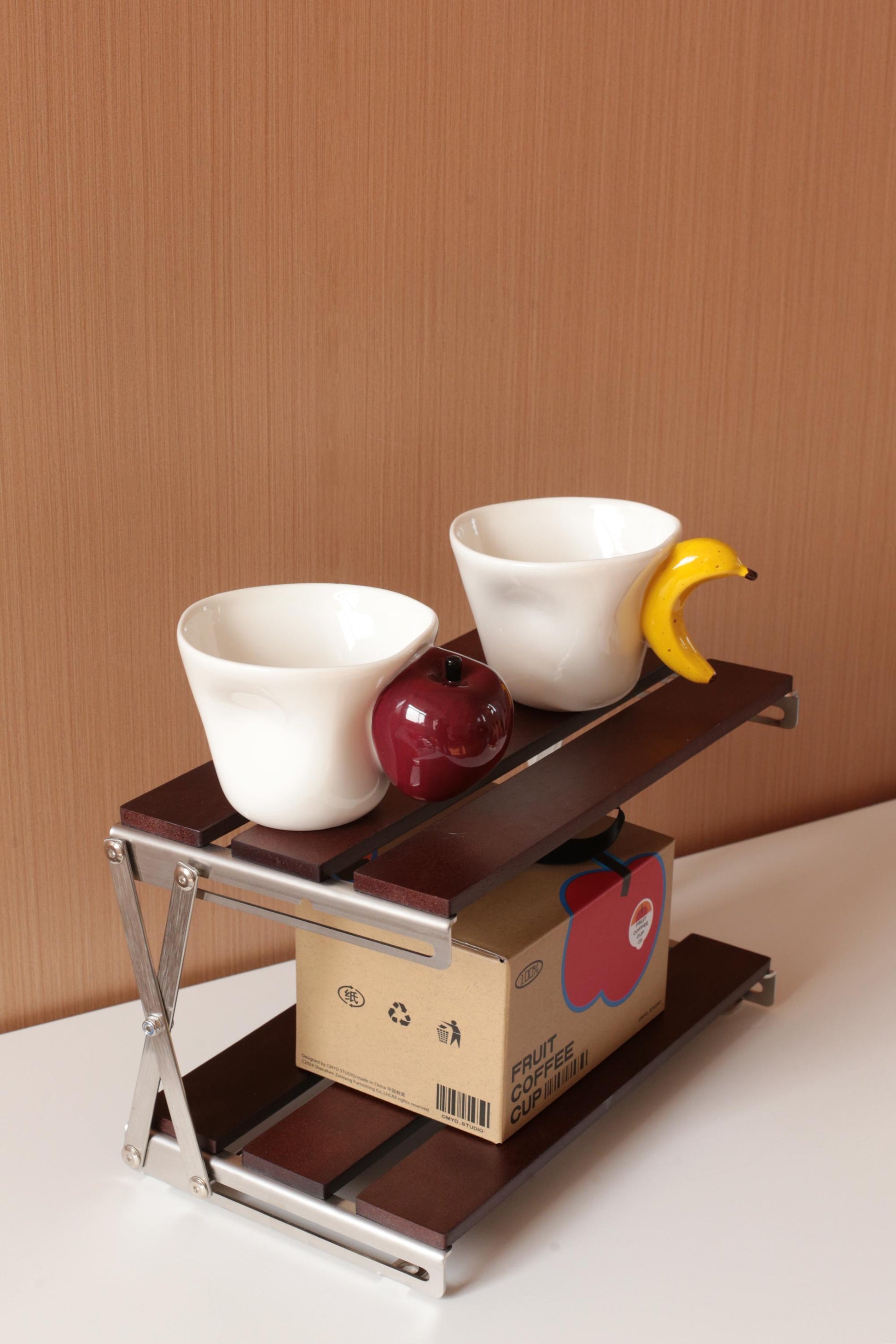Funny ceramic fruit mug set with apple and banana handles, unique gift for friend