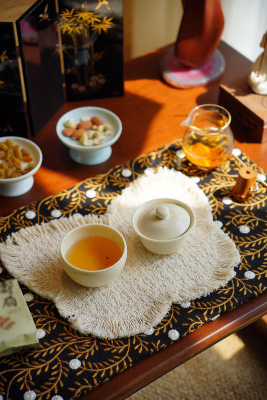 Handmade Chabu Tea Mat Set – Zen Duo for Gongfu Tea Ceremony · ~ Black Botanical · Wabi-Sabi Layered Decor · Gift for Tea Lovers