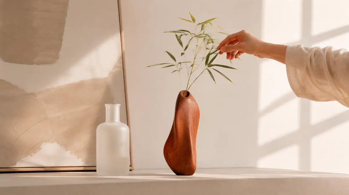 Wood bud vase and diffuser with bamboo stems in soft morning light